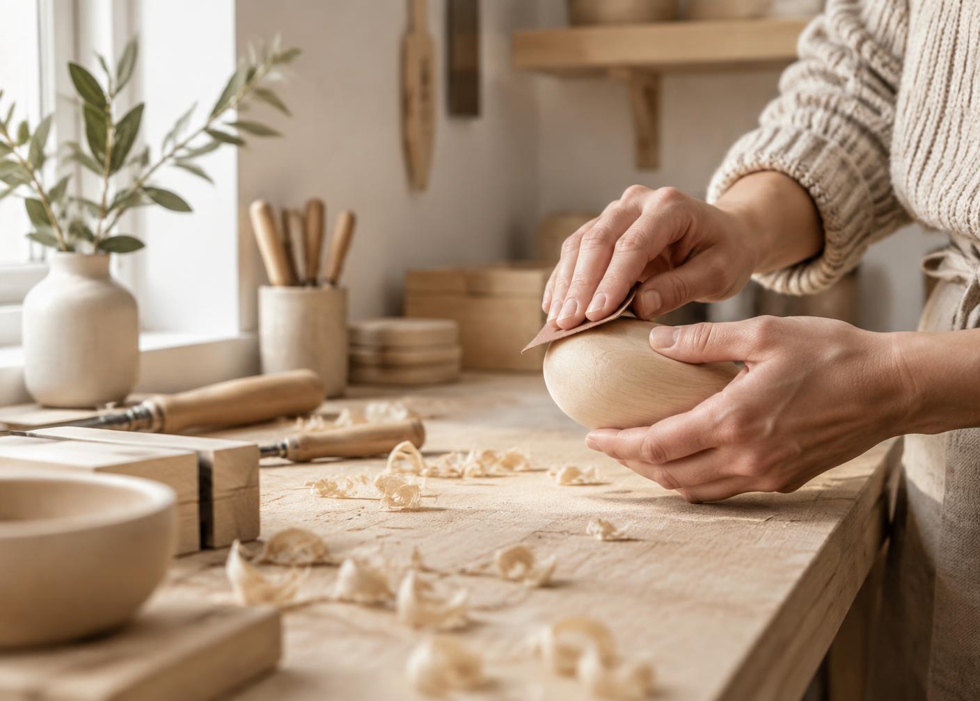 Hands sanding a small wooden object at a bright workshop bench