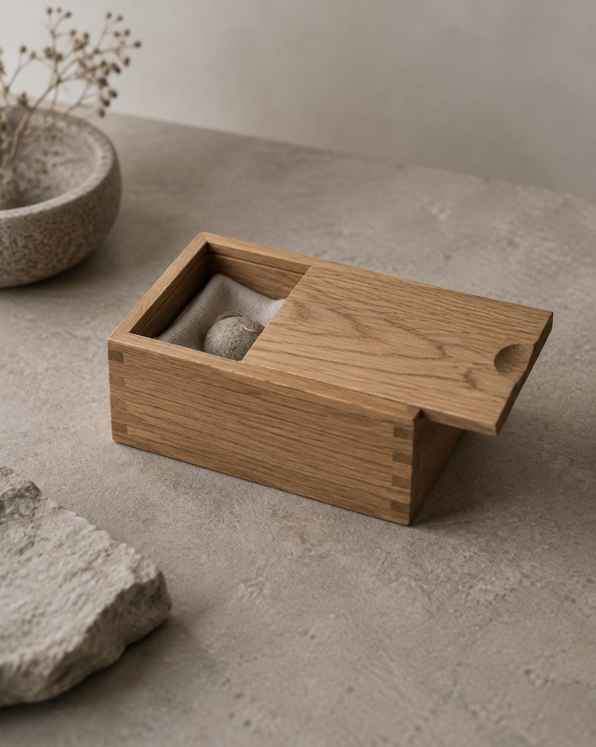 Small oak keepsake box with a sliding lid on a stone surface