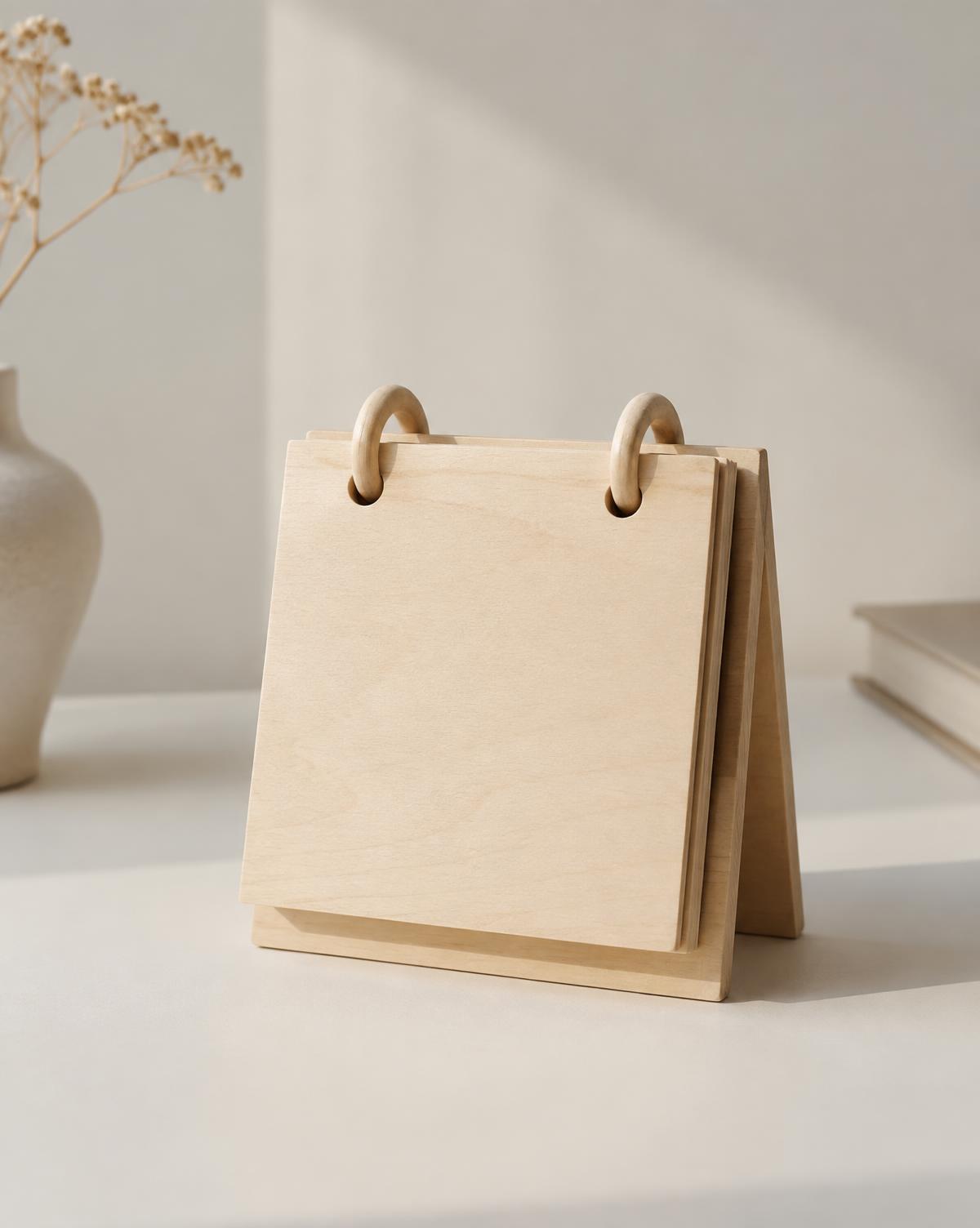 Standing birch wood desk calendar in soft daylight