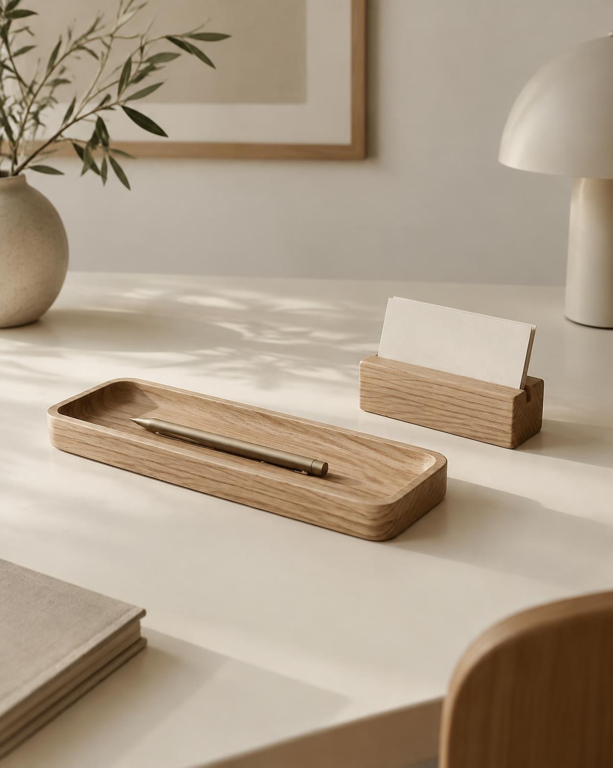 Oak pen tray and card holder on a bright minimal desk