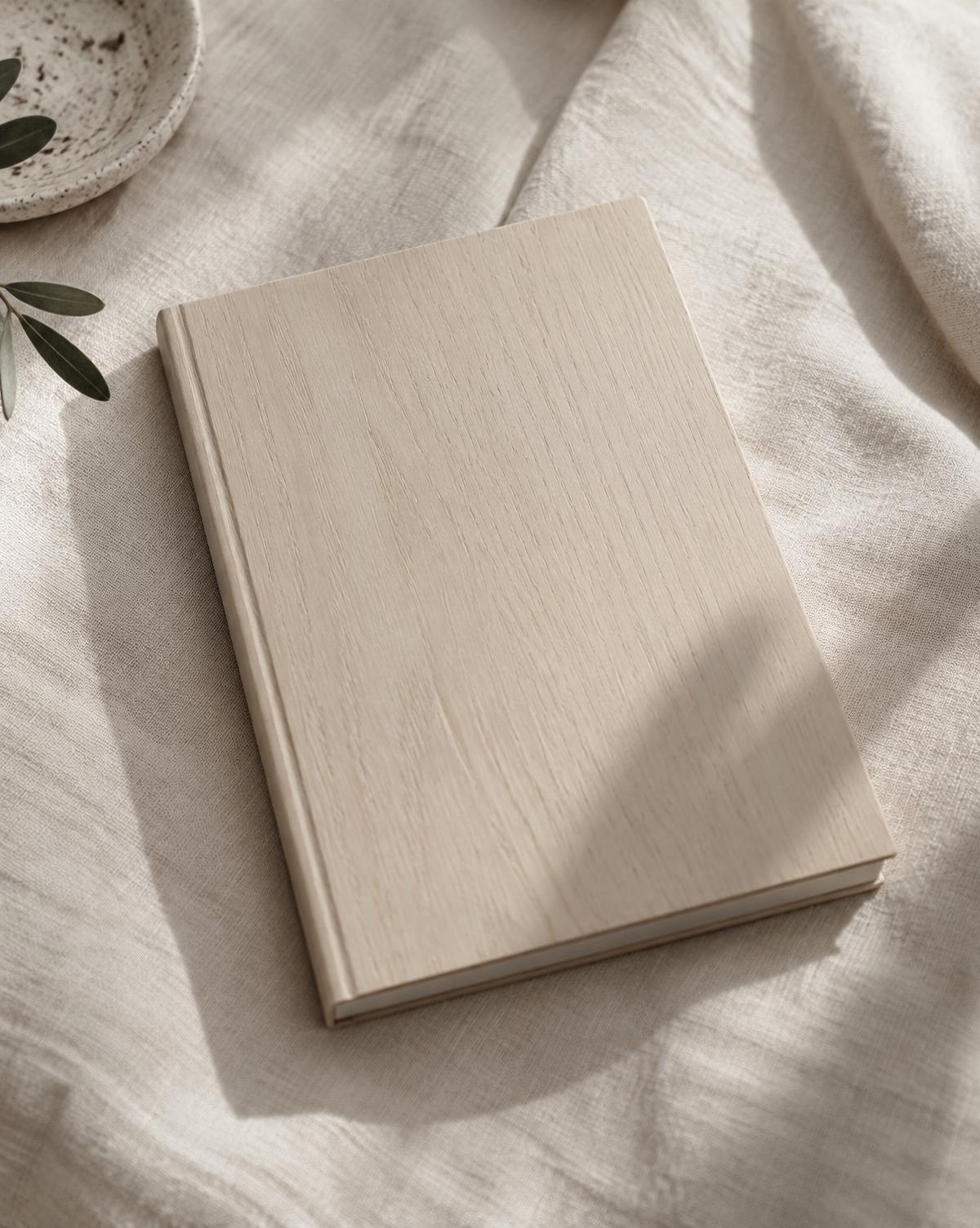 Notebook with a pale ash wood cover resting on cream linen